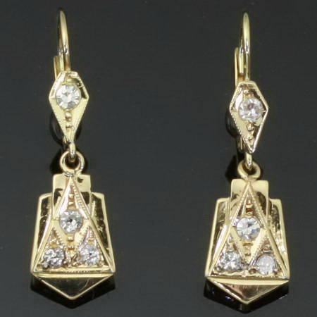 Two tone gold pendent diamond Art Deco earrings